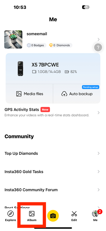 Sehemu ya albamu kwenye app ya INSTA360