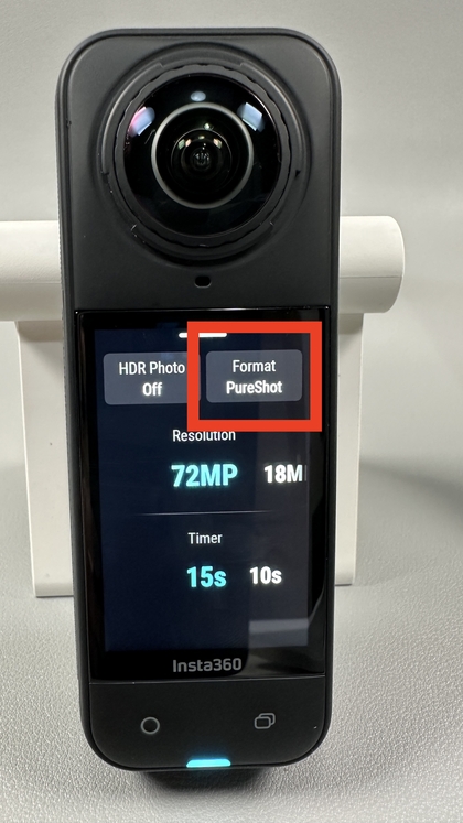 Gr&aelig;nseflade, der viser valget af RAW- og Pure Shot-tilstand p&aring; INSTA360 X5