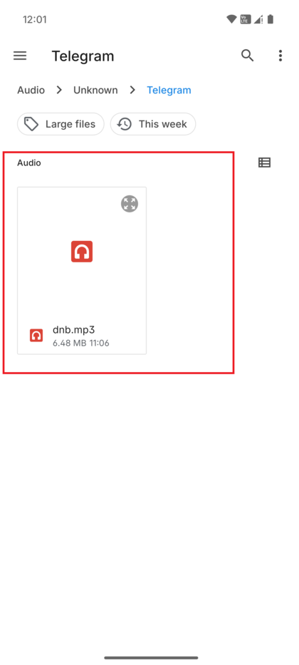 Конкретный аудиофайл, выбранный в файловом менеджере, готовый к сохранению.