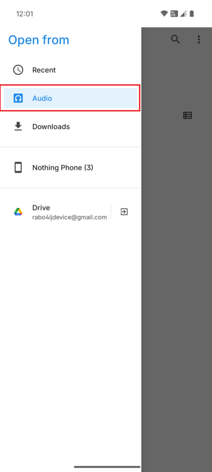 Меню файлового менеджера с выбранной опцией 'Audio' (Аудио) для фильтрации файлов.