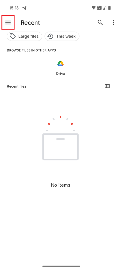 Экран файлового менеджера, показывающий значок меню (три линии) в верхнем левом углу.