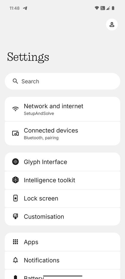 Главное меню Settings (Настройки) на Nothing Phone (3).
