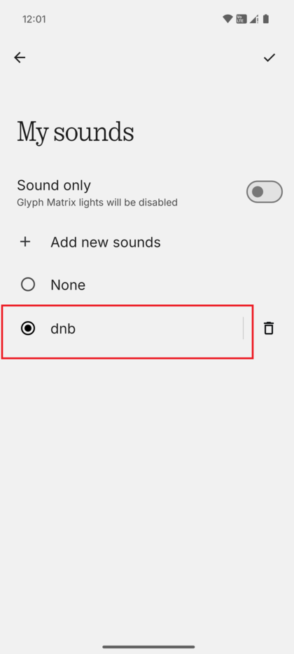 Список 'My sounds' (Мои звуки), показывающий, что новая пользовательская мелодия звонка теперь доступна и выбрана.