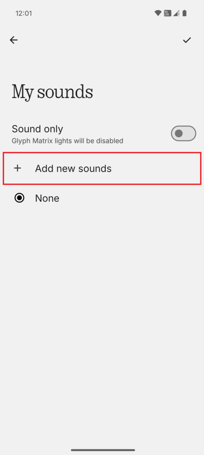Экран 'My sounds' (Мои звуки), показывающий значок плюса для 'Add new sounds' (Добавить новые звуки).