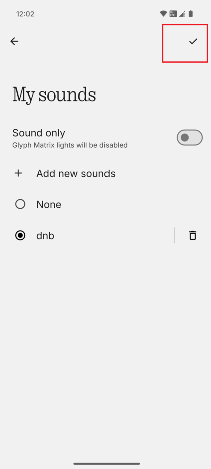 Экран выбора мелодии звонка телефона, подтверждающий, что новая пользовательская мелодия звонка установлена для 'All contacts' (Все контакты).