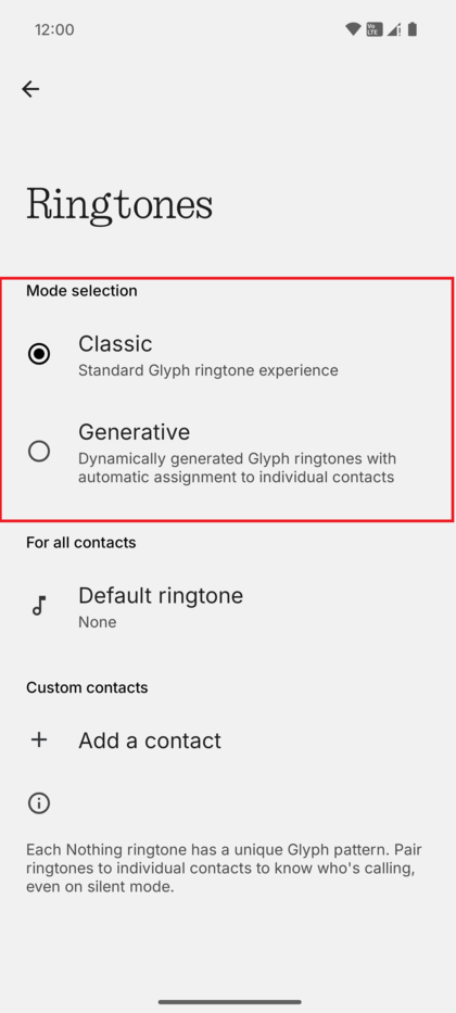 Экран выбора мелодии звонка телефона, показывающий опции 'Generative' (Генеративный) и 'Classic' (Классический), с выбранной опцией 'Classic' (Классический).