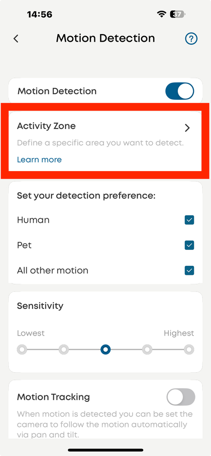 Activity Zone tab in Eufy app settings