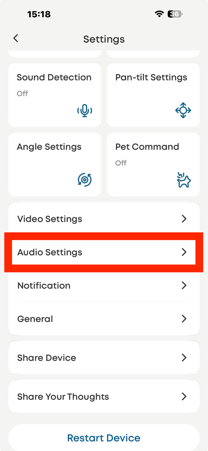 Menu delle impostazioni audio nell'app Eufy Security
