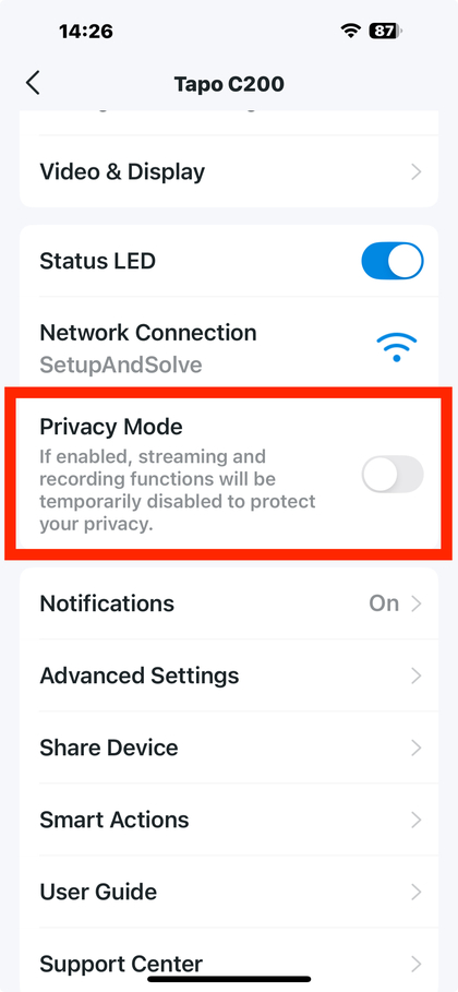 Desativando o Modo de Privacidade no aplicativo Tapo