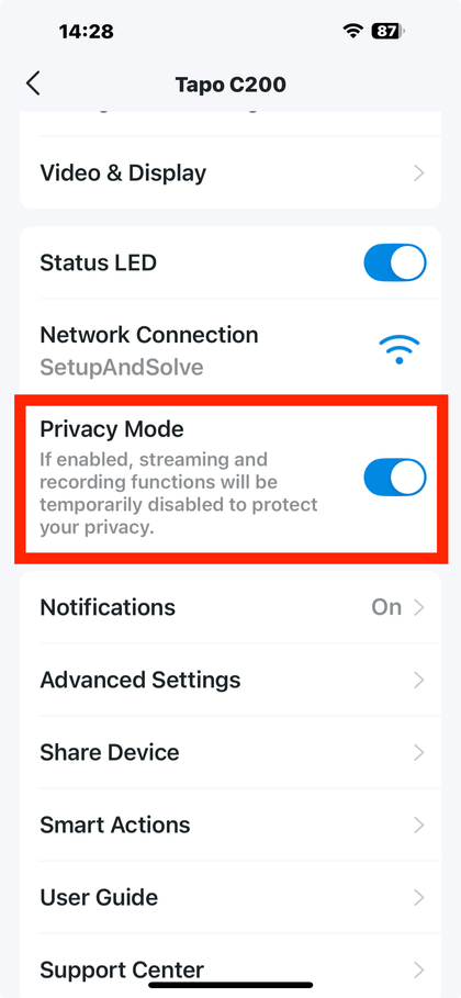 Modo de Privacidade no menu de configura&ccedil;&otilde;es