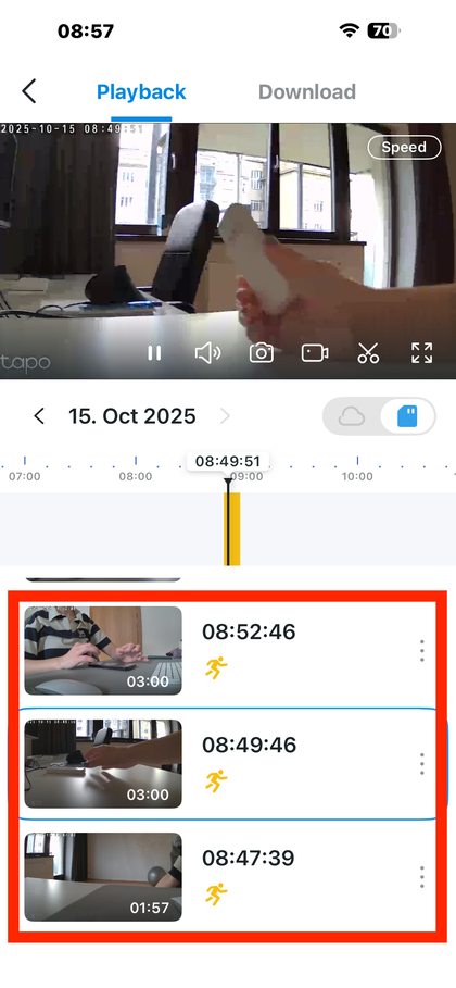 Eine Liste der aufgezeichneten Clips vom ausgew&auml;hlten Datum in der Tapo App