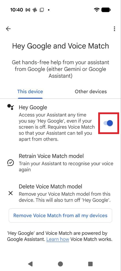 Screenshot della schermata di Voice Match con l'interruttore di attivazione/disattivazione di Hey Google evidenziato.