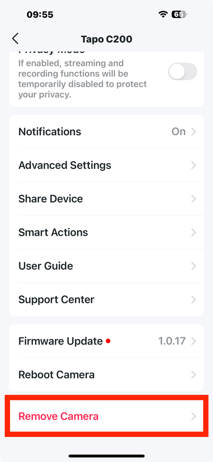 Indstillingen Fjern kamera i Tapo-appen