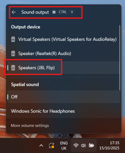Lista de sa&iacute;da de &aacute;udio mostrando o JBL Flip 7 como selecionado