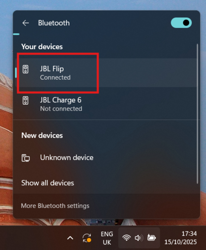 Lista mostrando o JBL Flip 7 como selecionado