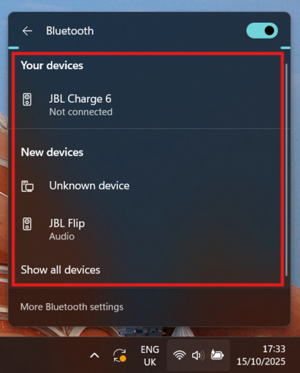 Tela de adi&ccedil;&atilde;o de dispositivo do Windows mostrando o JBL Flip 7