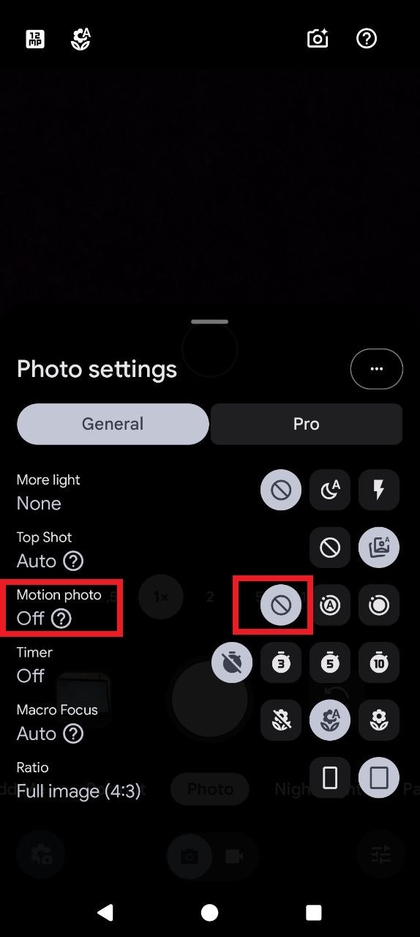 Screenshot des Kameraeinstellungsfeldes, das die Motion Photo-Option zeigt.