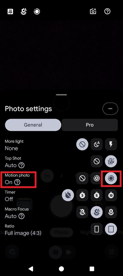 Screenshot des Motion Photo-Optionsmen&uuml;s, das die Einstellung 'Ein' als ausgew&auml;hlt zeigt.