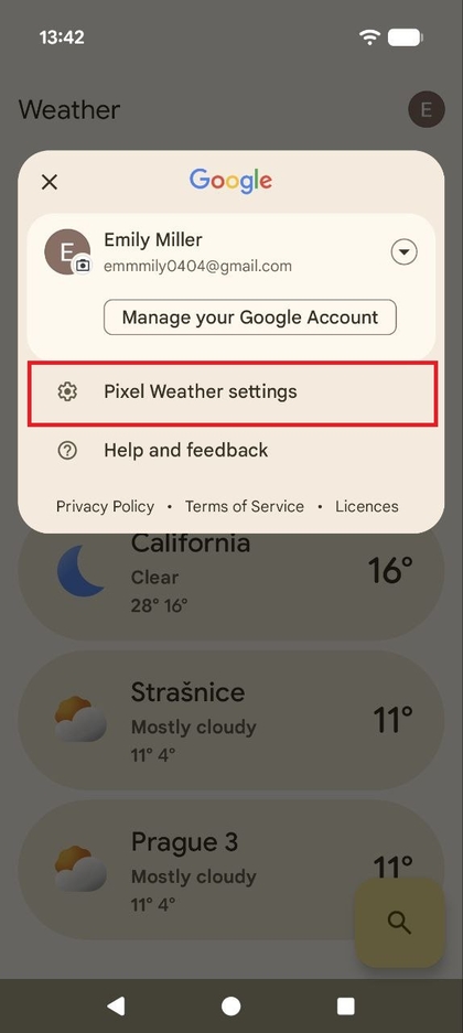Pixel Hava Durumu ayarları se&ccedil;eneğini vurgulanmış olarak g&ouml;steren a&ccedil;ılır men&uuml;n&uuml;n ekran g&ouml;r&uuml;nt&uuml;s&uuml;.