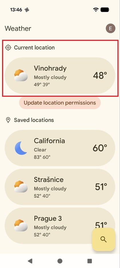 Google Hava Durumu uygulamasının ana ekranının ekran g&ouml;r&uuml;nt&uuml;s&uuml;, mevcut konum tahminini g&ouml;steriyor.