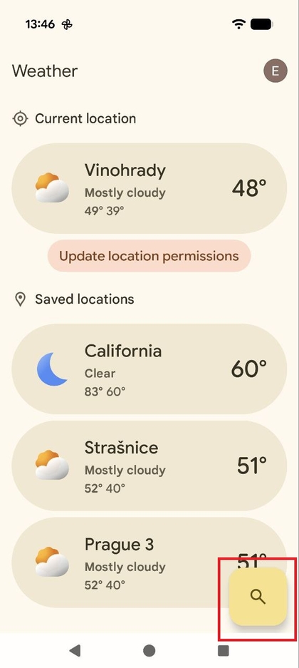 Google Hava Durumu uygulamasının ana ekranının ekran g&ouml;r&uuml;nt&uuml;s&uuml;, altta vurgulanan b&uuml;y&uuml;k Arama d&uuml;ğmesini g&ouml;steriyor.