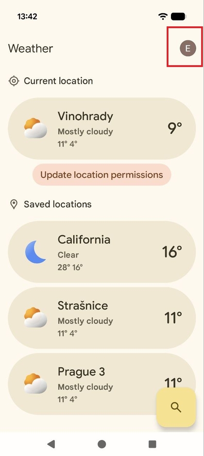 Google Hava Durumu uygulamasının ana ekranının ekran g&ouml;r&uuml;nt&uuml;s&uuml;, sağ &uuml;st k&ouml;şede vurgulanan hesap simgesini g&ouml;steriyor.