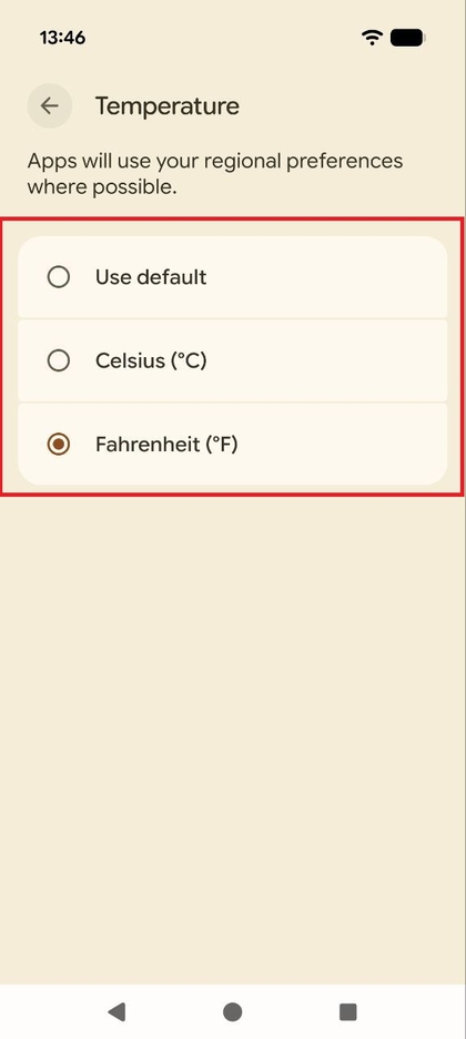 Kullanıcının Santigrat veya Fahrenhayt arasında se&ccedil;im yapmasına olanak tanıyan a&ccedil;ılır men&uuml;n&uuml;n ekran g&ouml;r&uuml;nt&uuml;s&uuml;.