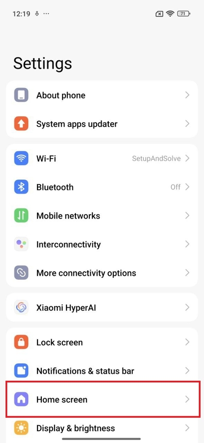 Sezione Schermata principale evidenziata nelle Impostazioni di Xiaomi