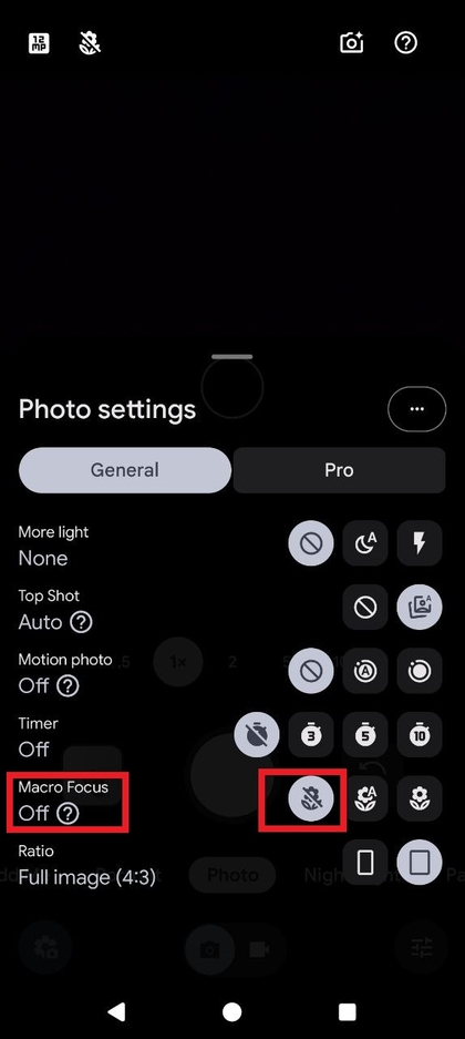 Screenshot af panelet Kamera indstillinger (Camera settings), der viser indstillingen Macro Focus fremh&aelig;vet.