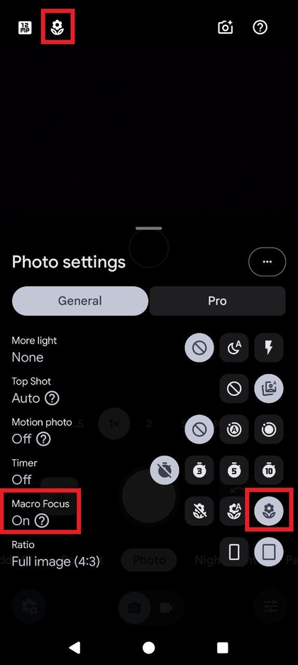 Screenshot af Macro Focus-indstillingerne, der viser valgene Off, Auto og On.