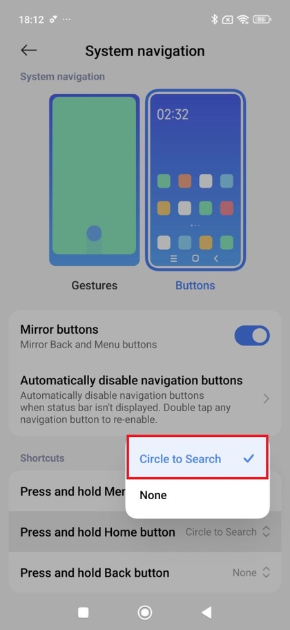 Aktifkan Circle to Search dengan navigasi tombol