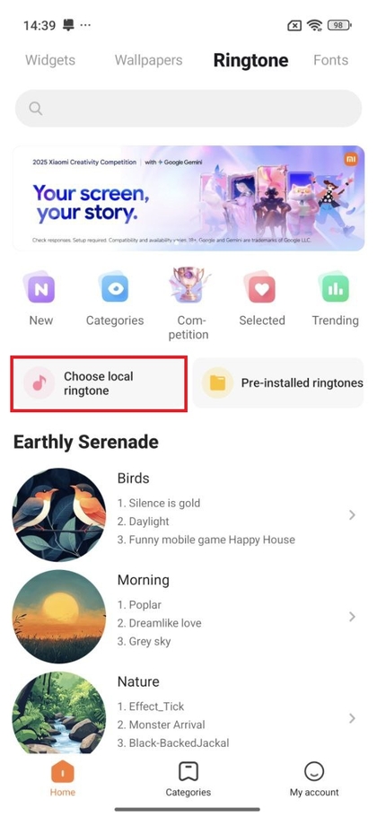 Op&ccedil;&atilde;o Escolher toque local