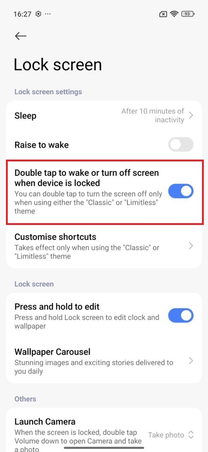 Tombol alih pengaturan Ketuk Dua Kali untuk Membangunkan Layar