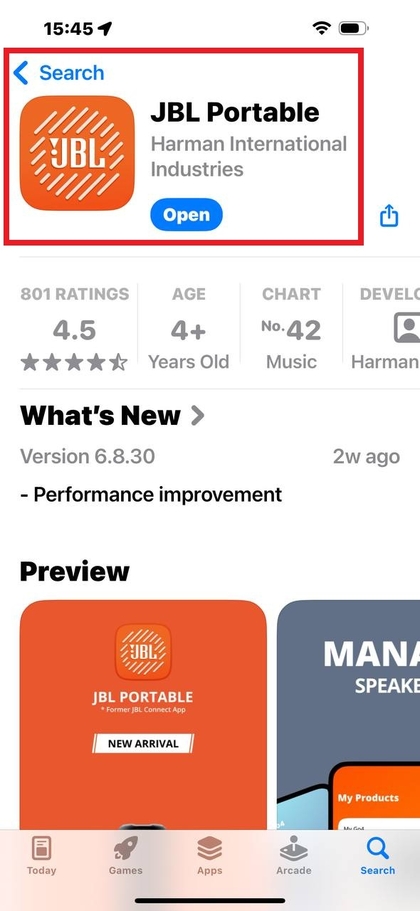 JBL Portable ilovasini o'rnatish ekrani
