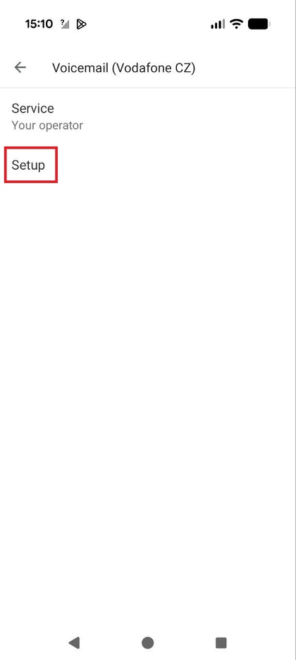Captură de ecran a meniului Setări avansate mesagerie vocală (Advanced Voicemail settings) cu opțiunea Configurare (Setup) evidențiată.