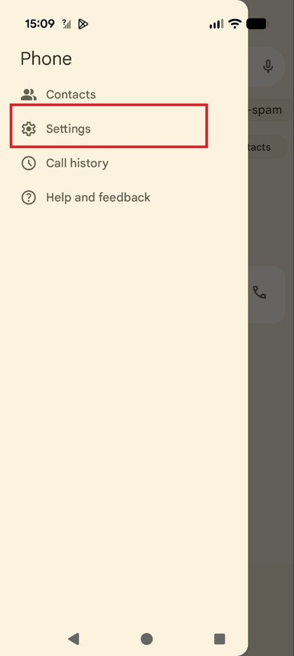 Captură de ecran a meniului care apare după atingerea pictogramei meniului, care arată opțiunea Setări (Settings) evidențiată.