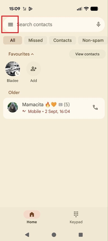 Captură de ecran a ecranului Pixel 10 Pro Phone Dialer cu pictograma meniului (trei puncte sau linii) evidențiată.