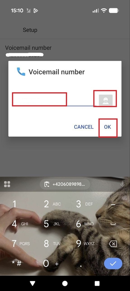 Captură de ecran a ecranului de introducere a numărului de mesagerie vocală cu numărul introdus și butonul OK evidențiat pentru confirmare.