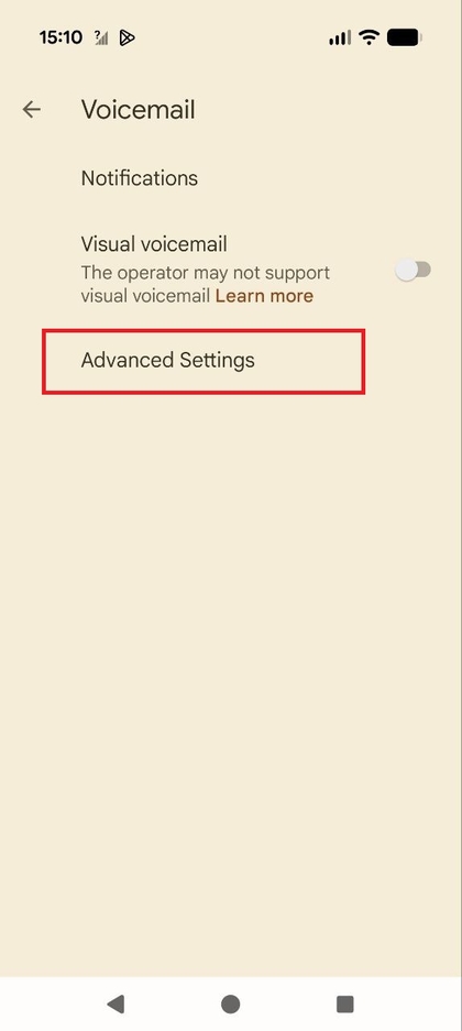 Captură de ecran a ecranului de setări Mesagerie vocală (Voicemail) cu Setări avansate (Advanced Settings) evidențiate.