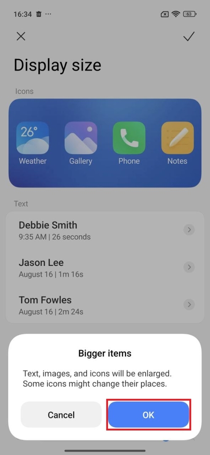Pulsante OK per Confermare il Cambiamento delle Dimensioni del Display