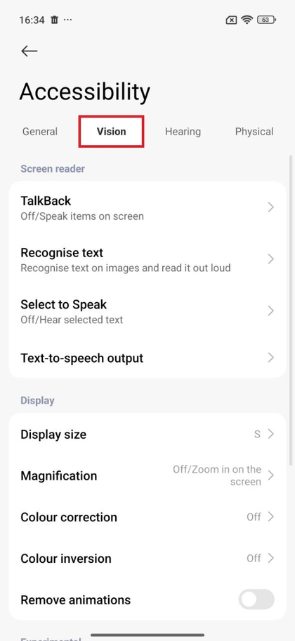 Sezione Visione nelle Impostazioni di Accessibilit&agrave;