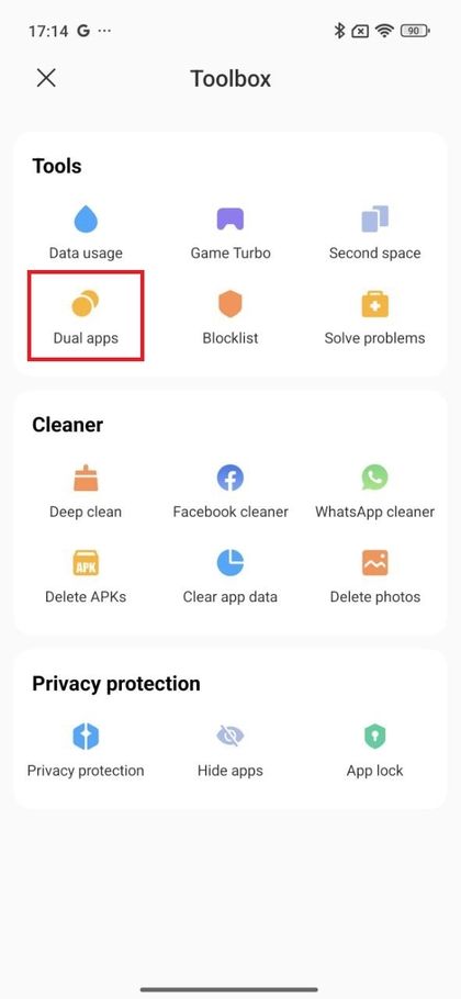Meni Dvojne aplikacije v aplikaciji Varnost Xiaomi