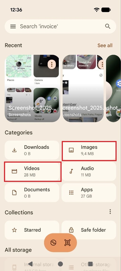 Capture d'&eacute;cran de l'onglet Parcourir de l'application Files by Google montrant les cat&eacute;gories Images et Vid&eacute;os.