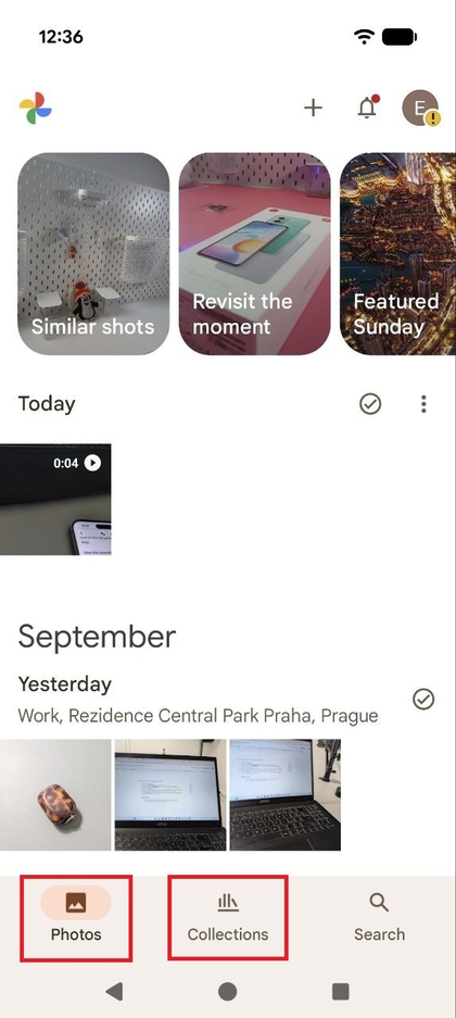 Capture d'&eacute;cran de l'application Google Photos montrant le flux principal, avec l'onglet Biblioth&egrave;que en bas &agrave; droite mis en &eacute;vidence.