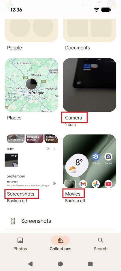 Capture d'&eacute;cran de l'&eacute;cran Biblioth&egrave;que de Google Photos affichant divers dossiers d'appareil comme Appareil photo et Captures d'&eacute;cran.