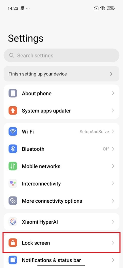 Užrakinimo ekrano nustatymų parinktis Xiaomi 15T nustatymų meniu