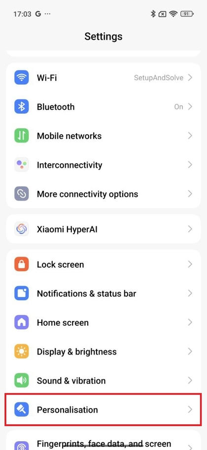 Navigasi ke Personalisasi di pengaturan Xiaomi 15T Pro