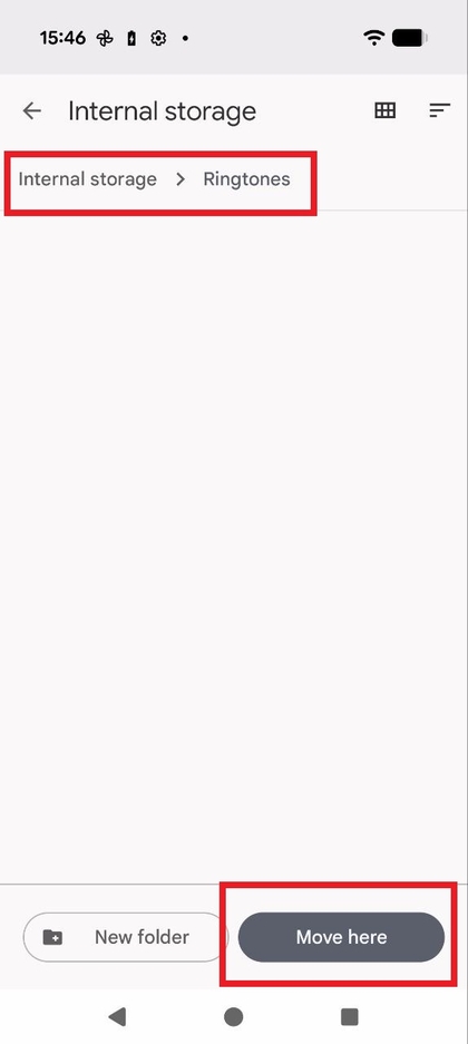 Capture d'&eacute;cran du dossier Sonneries vide montrant le bouton D&eacute;placer ici pr&ecirc;t &agrave; &ecirc;tre appuy&eacute;.