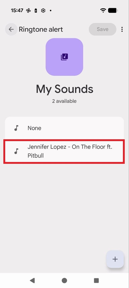 Capture d'&eacute;cran de l'onglet Mes sons montrant le fichier audio personnalis&eacute; nouvellement d&eacute;plac&eacute; list&eacute; comme option s&eacute;lectionnable.