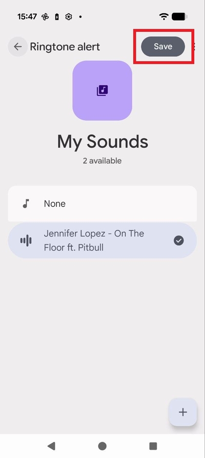 Capture d'&eacute;cran de l'onglet Mes sons avec le fichier audio personnalis&eacute; s&eacute;lectionn&eacute; et le bouton Enregistrer mis en surbrillance dans le coin sup&eacute;rieur droit.